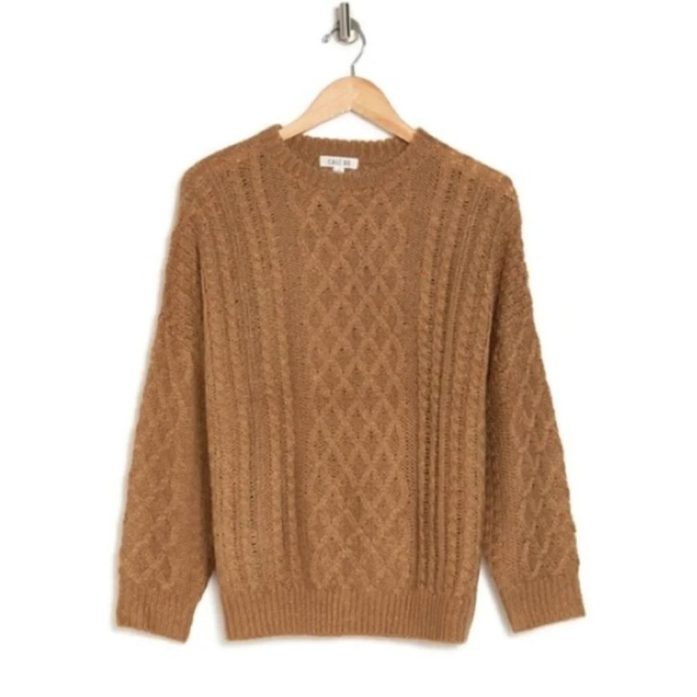 Cali Be Women's Oversized Crew Neck Braided & Cable Knit Sweater Caramel Medium